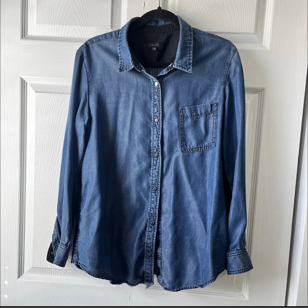 Theory Top Womens XL Blue Oxford Button Up Long Sleeve Preppy Classic
